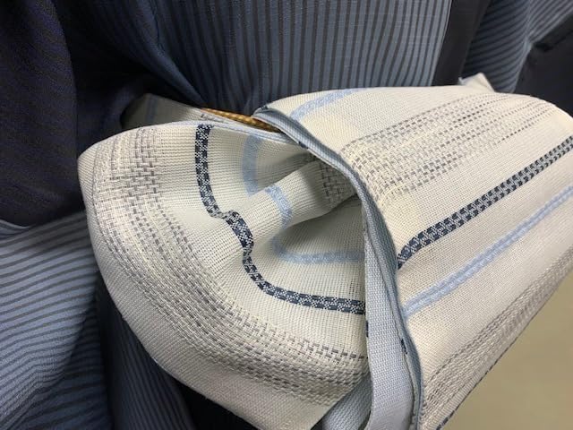 長尺　残りわずか本麻和紙織夏の半巾帯【白地　水色横段】夏の紬・小千谷ちぢみ・浴衣 長尺 残りわずか本麻和紙織夏の半巾帯【白地 水色横段】夏の紬